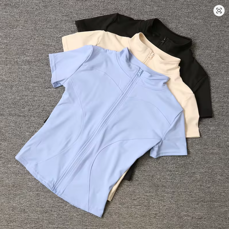 Women's Summer Slim Fit Yoga Shirt – Quick-Drying, Waist-Slimming, Full-Zip, Stand Collar, Short Sleeve Workout Top
