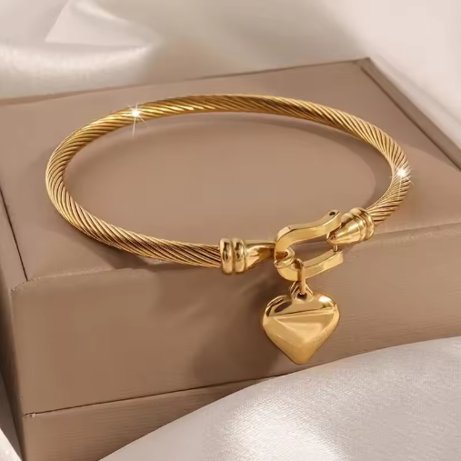 18k Gold Color Stainless Steel Heart Pendant Charm Bangle Bracelets