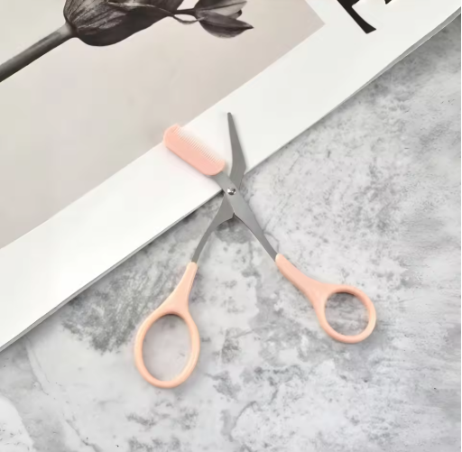 Pink Eyebrow Scissors with Comb – Stainless Steel Precision Grooming Tool