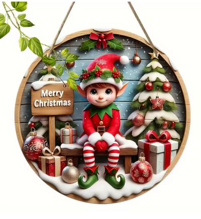 Christmas Elf Wooden Round Sign