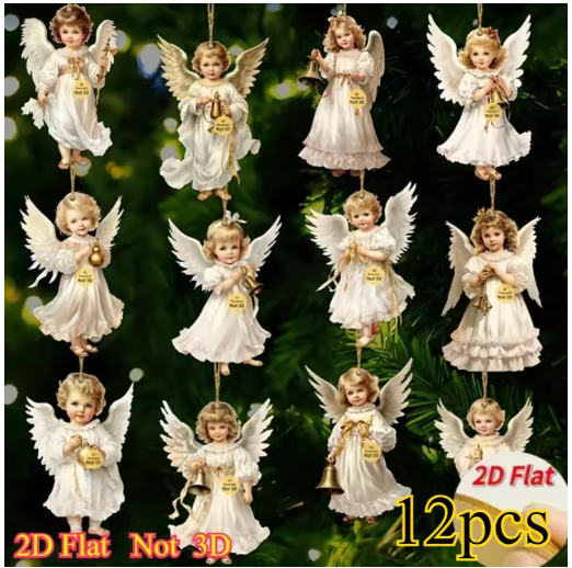 12pcs Vintage Christmas Angel Wooden Hanging Ornaments