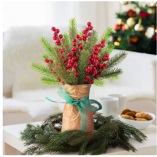 10Pcs Artificial Pine & Red Berry Christmas Branches