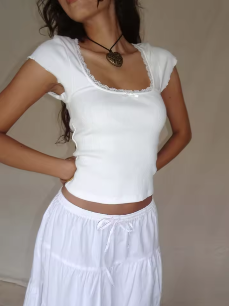 Y2K Vintage Lace Trim Baby Tee Square Neck Milkmaid Crop Top - Quick Deals Box