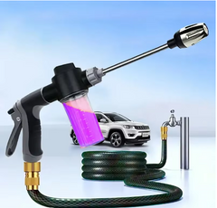 Quick Deals Box high pressure car wash water gun nozzle showing a durable spray nozzle attached to a garden hose for vehicle cleaning.