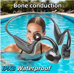 Quick Deals Box bone conduction swimming headphones with Bluetooth 5.4, waterproof IPX8, designed for sports and water activities.