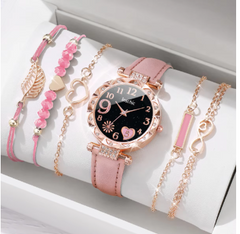 Six-piece women's watch and leaf bracelet set featuring leather band quartz watch with heart dial by Quick Deals Box.