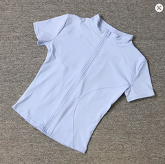 Women's Summer Slim Fit Yoga Shirt – Quick-Drying, Waist-Slimming, Full-Zip, Stand Collar, Short Sleeve Workout Top