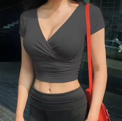 Y2K Black V-Neck Crop Top – Sexy Short Sleeve Corset Tee