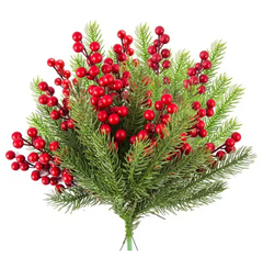 10Pcs Artificial Pine & Red Berry Christmas Branches