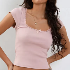Y2K Vintage Lace Trim Baby Tee Square Neck Milkmaid Crop Top - Quick Deals Box