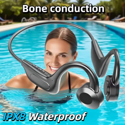 Bone conduction swimming headphones by Quick Deals Box with Bluetooth 5.4, waterproof IPX8 sports headset, shown in a screenshot.
