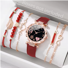 Six-piece women's watch and leaf bracelet set featuring heart dial leather band quartz watches and matching jewelry by Quick Deals Box