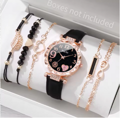 Six-piece women's watch and leaf bracelet set with heart dial, leather band, and quartz movement by Quick Deals Box.