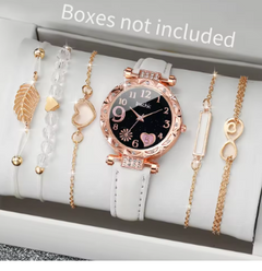 Six-piece women's watch and leaf bracelet set featuring heart dial leather band quartz watches by Quick Deals Box.