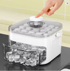 Quick Deals Box 50-cube double layer ice cube maker tray with easy press lid and storage box, clear view of the tray and lid.